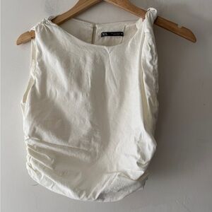 ZARA‎ Ivory Linen Blend Asymmetric Ruched Waist Top